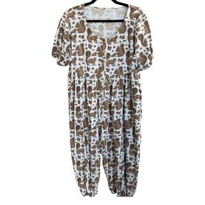 Kate Quinn Organic Cotton Jumpsuit Women XL Brown Squirrel Novelty Lounge Romper
